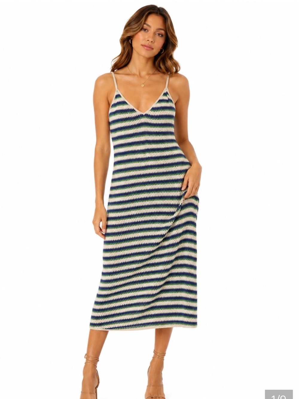 Striped Knit Maxi Slip Skirt in Blue, Green & White